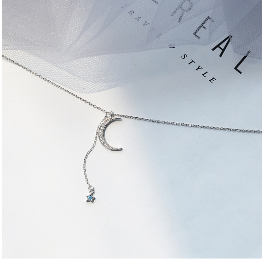 Pretty Silver Moon Blue Dangle Star Pendant Necklace - Picture 2 of 4